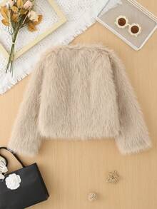 Girls Khaki Faux Fur Long Sleeve Jacket, Fashion Khaki Faux Fur Coat For Girls In Autumn/Winter