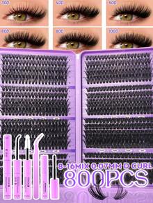 800pcs False Eyelashes Set, (30D+40D+50D+60D+80D+100D), Large Capacity Mixed Pack, 8mm-16mm DIY Eyelash Extension Kit, Single Lash Cluster Set, D-Curl Eyelash Extension Set, Accessories Include Glue, Sealer And Eyelash Extension Tools, Essential False Eyelashes Set For Women's Makeup, Create Glamorous Look, Suitable For Daily Use, Travel, Beginner, Wedding, Date, Party, Holiday And Other Occasions, Also Great Gift For Christmas/Halloween/Back To School Season. - 紫色 - 查看 1