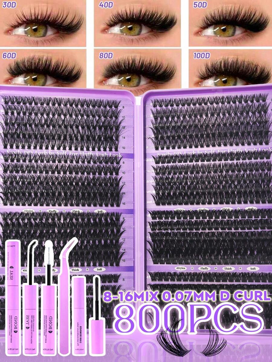 800pcs False Eyelashes Set, (30D+40D+50D+60D+80D+100D), Large Capacity Mixed Pack, 8mm-16mm DIY Eyelash Extension Kit, Single Lash Cluster Set, D-Curl Eyelash Extension Set, Accessories Include Glue, Sealer And Eyelash Extension Tools, Essential False Eyelashes Set For Women's Makeup, Create Glamorous Look, Suitable For Daily Use, Travel, Beginner, Wedding, Date, Party, Holiday And Other Occasions, Also Great Gift For Christmas/Halloween/Back To School Season. - 紫色 - 查看 1