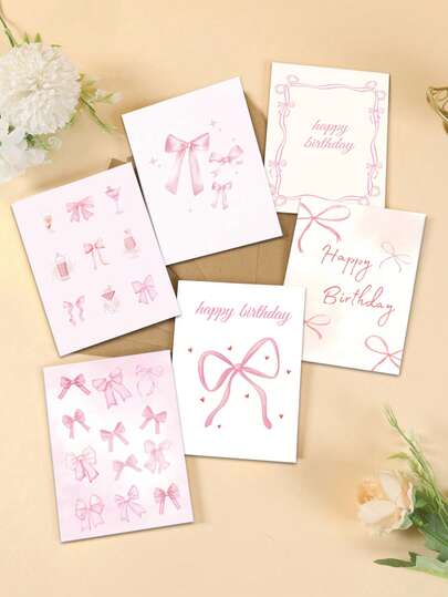 12张粉色蝴蝶结贺卡及信封，DIY生日快乐手工卡，儿童生日贺卡礼物，粉色公主生日红包信封袋，粉色蝴蝶结设计贺卡，粉色蝴蝶结生日派对小礼物，婴儿派对装饰