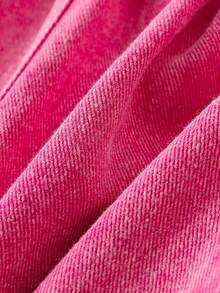 女童玫红色牛仔连体裤，时尚翻领短袖连身裤，夏季 - 玫紅色 - 查看 11