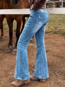Quần jeans ống loe cạp trung màu xanh nhạt, kiểu dáng retro Y2K, thích hợp cho cưỡi ngựa và các lễ hội nhạc đồng quê, phong cách thường ngày mùa xuân. - Rửa nhẹ - Xem 1