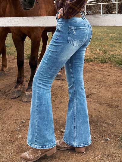 Western Cowgirl Women's Mid-Rise Light Blue Washed Flared Jeans, Retro Y2K-Style Jeans, Suitable For Equestrian Competition And Country Music Festival Outfits