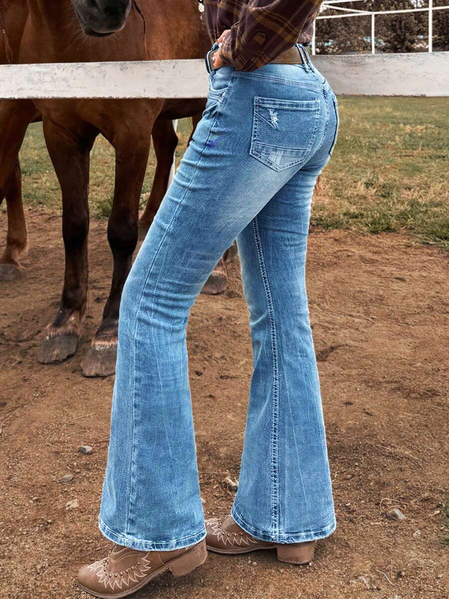 Quần jeans ống loe cạp trung màu xanh nhạt, kiểu dáng retro Y2K, thích hợp cho cưỡi ngựa và các lễ hội nhạc đồng quê, phong cách thường ngày mùa xuân. - Rửa nhẹ - Xem 1