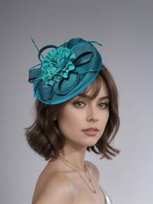 1pc Floral Print Solid Color Elegant Polyester Feather Fascinator Hat, Suitable For Wedding, Holiday Party, Tea Party, Christmas, Easter, Racing Event, Bachelorette Party