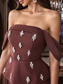 Elegant Diamond Decorated Formal Dress, Women's Sleeveless Backless Pleated Solid Color Gown For Charity Ball, Banquet, Birthday Party - Chocolate Brown - View 7