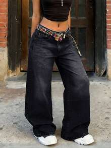 Y2K风格黑色水洗低腰宽松阔腿牛仔裤，男友风休闲牛仔裤，百搭下装 - 黑色 - 查看 5
