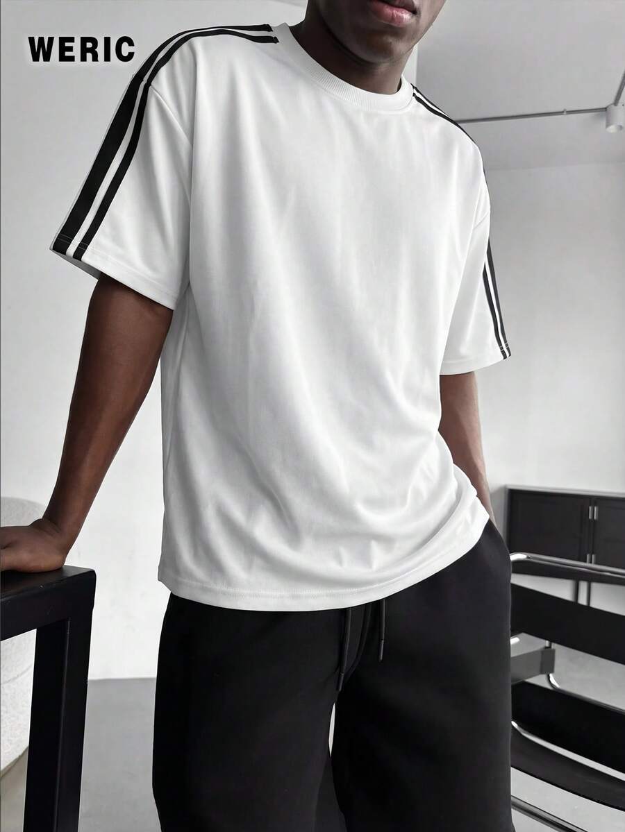 Men's Fashionable Athletic Short-Sleeved T-Shirt With Double Stripes, Simple Round Neck, Suitable For Everyday Casual Wear In Spring And Summer, And For Street Style. - White - View 1
