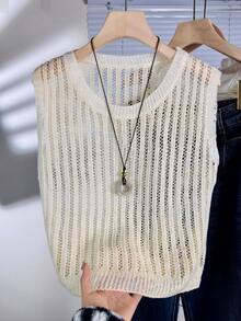 Ivory Vertical Striped Hollow-Out Knit Sleeveless Top - Apricot - View 7