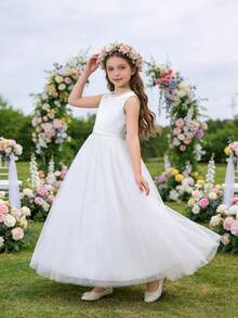 Girls' Elegant Backless Bow Pearls Mesh Sleeveless Maxi Dress, Suitable For Flower Girl, Birthday Party, Stage Performance, Wedding, Prom, Graduation, Christmas