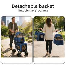 2-in-1-Klappbarer Kinderwagen für kleine Hunde und Katzen mit einer Tragkraft von 20 kg, mit abnehmbarem Netzfenster, 360°-Drehrollen und Aufbewahrungskorb - marineblau - Übersicht 6
