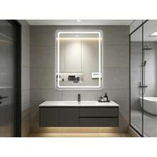 Espejo de baño táctil inteligente, espejo LED cuadrado, equipado con botón táctil inteligente y función automática de eliminación de niebla con un solo clic y pantalla de tiempo, tres temperaturas de color se pueden ajustar libremente, 70 * 50 cm, blanco, montado en la pared, adecuado para duchas, dormitorios, tocadores. - Blanco - Ver 2