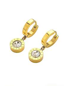 1pair Stainless Steel Round Cubic Zirconia Roman Numeral Drop Earrings, Rhinestone Decor Arabic Number Earrings For Ladies Jewelry Dating Gifts Daily Wear Jewelry - Gold - View 3