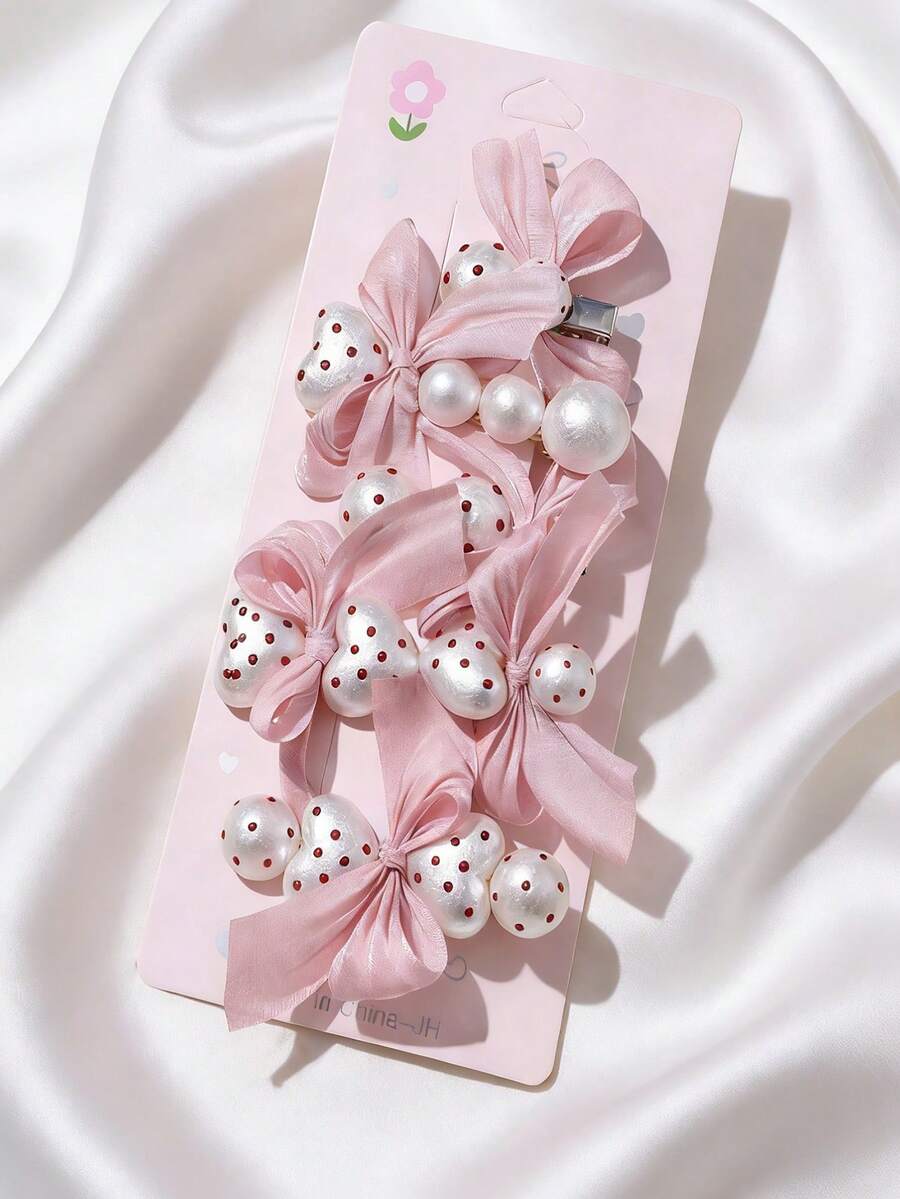 5个优雅珍珠蝴蝶结发夹，可爱浅蓝色刘海夹，时尚刘海夹和分叉发夹（款式随机）