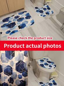 1/3/4 件套蓝色浴帘套装，现代艺术几何图案藏蓝色浴室浴帘套装，包含 12 个挂钩、浴室地毯、浴垫和马桶垫，夏季浴室装饰，浴室配件 - 彩色 - 查看 3