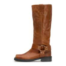 Women's Knee High Boots Slip On Riding Boots, Buckle Boots For Women, Sexy Squared Toe Low Chunky Heel Tall Motorcycle Boots Dance Party Booties - 棕色 - 查看 9