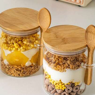 1 hũ thủy tinh tròn, hộp đựng thực phẩm nhà bếp kèm thìa và nắp đậy kín, dùng để đựng gia vị, đường, trà, sữa chua, ngũ cốc, đồ dùng nhà bếp, cốc thủy tinh kín, đựng hạt cà phê và ngũ cốc, vật trang trí bàn ăn.