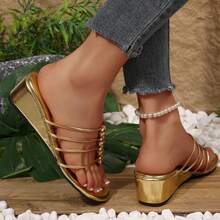 Boho Dressy Cute Clip Toe Sandal Wedge Sandals Women's Gold Strappy Sandals Round Toe Wedding Slides Shoes For Summer Beach - 金色 - 查看 10