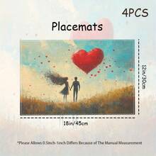 4 Romantic Couple Hand-In-Hand Placemats - 12x18-Inch Rectangular Polyester Placemat With Heart-Shaped Balloon And Gold Spoon Design, Hand-Washed Only, Suitable For Dining Tables, Kitchens, Holiday Parties And Daily Home Decor - / 30 * 45 cm / 12 * 18 Inches - View 3