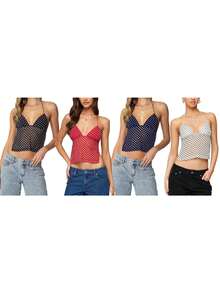 Top de Mujer con Cuello Halter, Estampado de Lunares, Sin Mangas Espalda Descubierta, Blusa Ajustada Escote en V de Verano - Azul Cadete - Ver 4