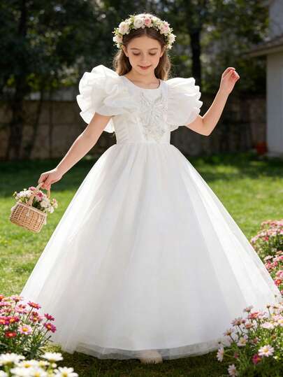 Tween Girl Elegant Embroidered Bow Cap Sleeve Mesh Long Dress, Princess Gown For Flower Girl, Birthday Party, Wedding, Formal Event, Prom