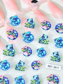 1pc Cute Chameleon Color Changing Nail Art Sticker, Self-Adhesive Shiny Nail Decor, Green Leaf Design, Cartoon Theme, Asymmetrical Shape, Suitable For Women One-Time Use DIY Nail Salon Supplies Nails - Multicolor - View 3