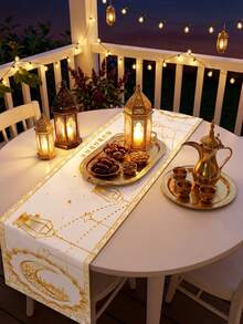 Einteilige, weiß-goldene Tischdecke, Kareem-Festtischdecke, Festliche Dekorationen für Zuhause, Dekorationen für muslimische Partys, Geschenke, Werbegeschenke, Festliche Dekorationen, Tischdekorationen mit Festblumen - Verschiedenfarbig - Übersicht 2