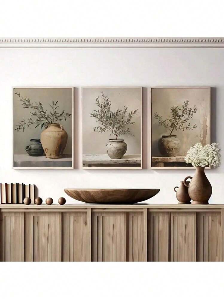 三联优雅橄榄树与复古花瓶帆布画，无框墙面装饰画，适合客厅 - 彩色 - 查看 8