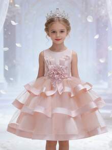 Girls' Floral Pink Layered Cake Tulle Princess Dress, Flower Girl Wedding Party Birthday Pageant Gown (Please Refer To The Size Chart In The Details To Select The Appropriate Size) - Pink - View 2