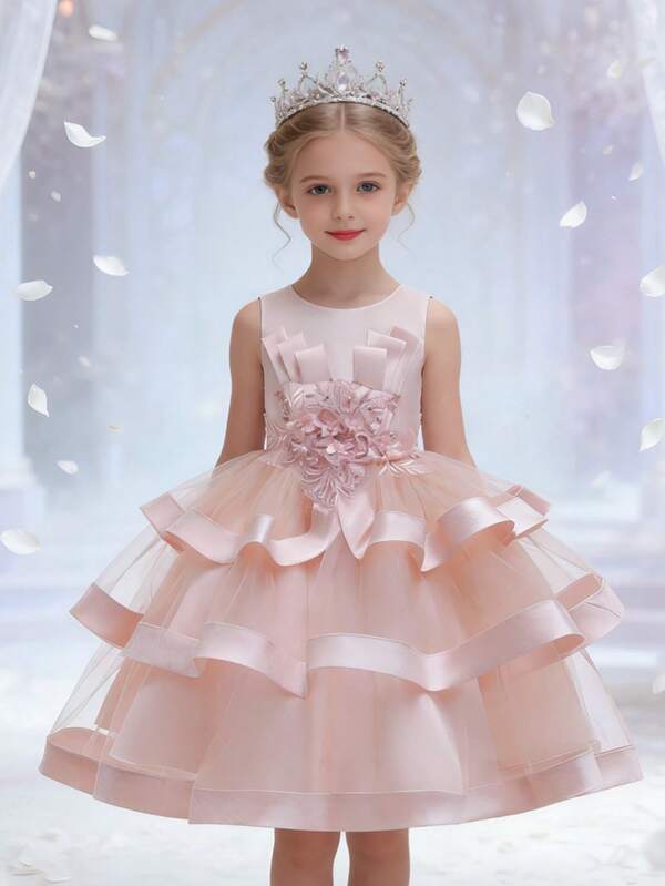Girls' Floral Pink Layered Cake Tulle Princess Dress, Flower Girl Wedding Party Birthday Pageant Gown (Please Refer To The Size Chart In The Details To Select The Appropriate Size)