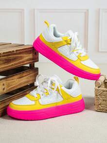 Bộ 3 đôi giày thể thao nhiều màu sắc lấy cảm hứng từ Dopamine - Trắng, Vàng, Hồng, giày trượt ván ngoài trời thời trang với đế ngoài màu hồng thanh lịch, buộc dây, mũi tròn, cổ thấp, đa năng, phù hợp cho các dịp lễ, quà tặng Ngày Valentine, đi chơi thường ngày, dự tiệc, giày thể thao nữ. - Nền màu trắng, vàng và đỏ hồng - Xem 4