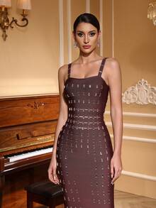 Girsdy 棕色无袖粗肩带露背修身绷带镂空优雅连衣裙，适合晚宴、演出、婚礼、派对、生日、春季假期等场合。 - 棕色 - 查看 8