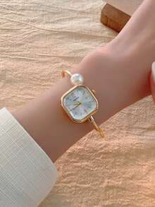 1 pieza Reloj de pulsera de moda casual con diseño ovalado, esfera verde, tonos plateado y dorado para mujer - Dorado - Ver 5