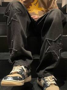 pantalones de hombre pantalones de hombre>mezclilla pantalones de hombre>baggy pantalones vaqueros para hombre Vaqueros rectos para hombre Star Fringe Design Hip Hop Punk Style Jeans Fashion Loose - Blanco y Negro - Ver 4