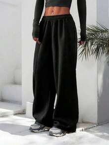 Plus Size Women Solid Color Casual Loose Pocket Sweatpants - 黑色 - 查看 4