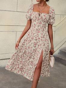 Women's Long Dress With Floral A-Line Print, Square Neckline, French Dresses With Split Hem - Elegant And Sexy - 淺粉色 - 查看 6