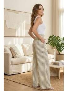 Fabric Pants With Pockets, Vacation, Home, Summer - Olive Green - View 2