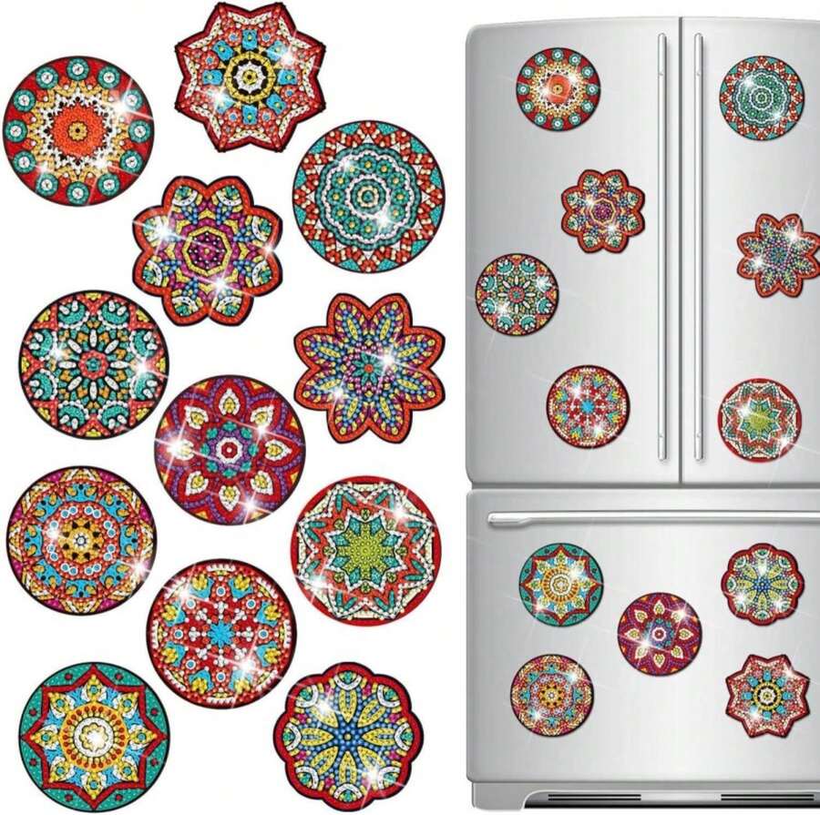Zonon 12 Pcs Refrigerator Diamond Painting Magnets Easy Diamond Art Painting Magnetic Stickers Kits Fridge Magnets For Adults DIY Home Decors(Vintage Mandala) - ColorC - 查看 1