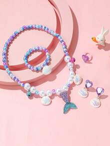 5pcs Girls Mermaid Princess Jewelry Set, Includes Necklace, Bracelet, Earrings, Ring, Suitable For Girls Party Favors/Birthday Gifts/Holiday Gifts - Multicolor - View 4