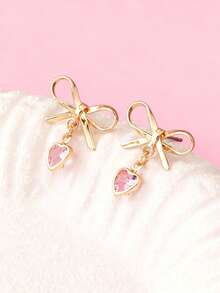 1 Pair Gold Bowknot Heart Pendant Earrings, Minimalist Pink Crystal Heart Pendant Earrings, Valentine's Day Bowknot Earring Jewelry, Gift For Girl, Wife, Girlfriend, Mother, Mother's Day - Bow Heart - View 6