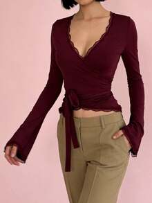 Ballet Wrap Tops For Women Y2k Lace Sheer Mesh Crop Tops Long Sleeve Deep V Neck Cross Wrap Pilates Coquette Tops Slim Fit Workout Yoga Aesthetic T-Shirts - Burgundy - View 4