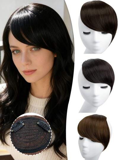 Double-Clip Thick Side Bangs Hairpiece - High-Temperature Synthetic Fringe For Women, Invisible Secure Clip-In For Instant Face Framing (Black, 1 PC)