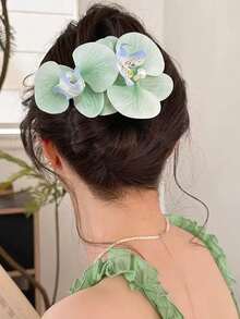4件套 4.33英寸/11厘米 仿真花 仿真珍珠 兰花发夹，双花大号鳄鱼夹发饰，紫色、蓝色、绿色、粉色可选，适合度假、发型设计、马尾辫、发髻等场合，百搭、优雅、简约，纯色发爪，适合日常佩戴、休闲、通勤、发夹、发卡、头饰、弹簧发夹 - 彩色 - 查看 10