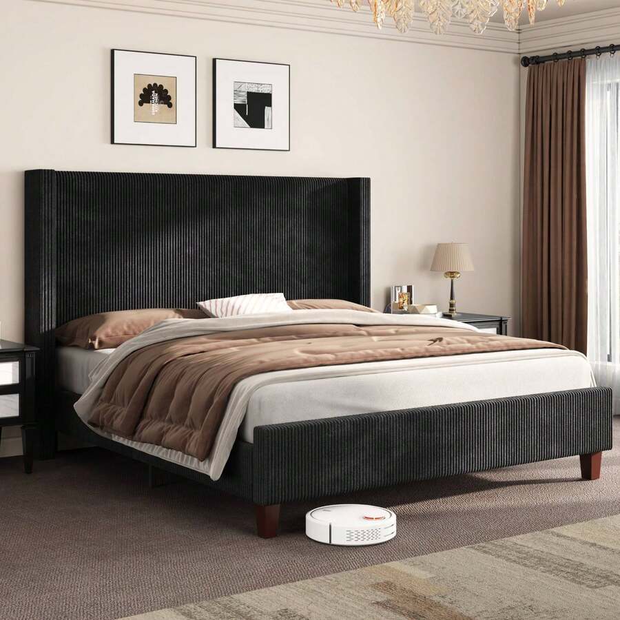Queen/King/California King Size Platform Bed Frame With 50.8" Corduroy Upholstered Bed, Vertical Channel Tufted Wingback Headboard, Wooden Slats Support, No Box Spring Required - 黑色 - 查看 1
