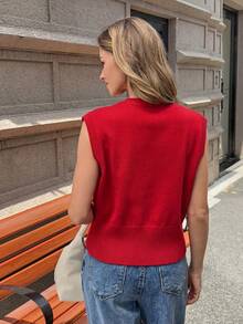 Women's New Front Button Closure Casual/Holiday Sleeveless Knit Top - Red - View 8