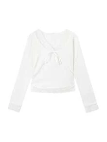 V-Neck Lace Ruched Jacquard Long Sleeve Fitted T-Shirt Undershirt, Random Fabric Piece - White - View 3