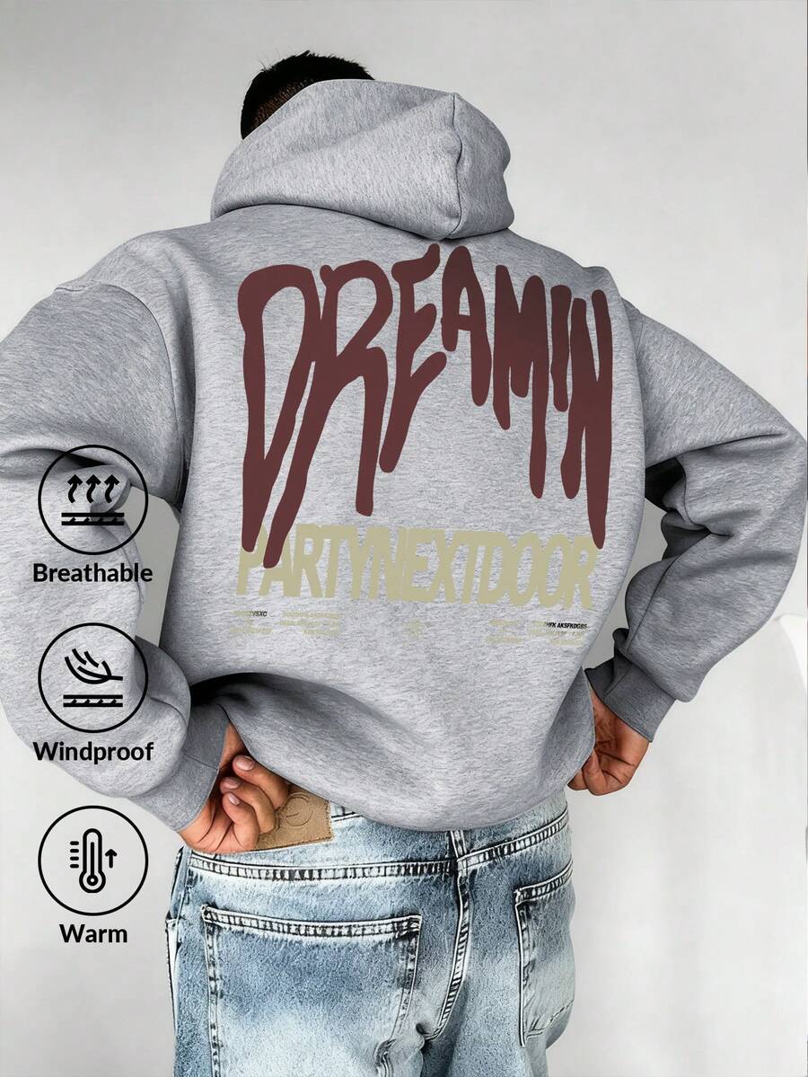 Men's Letter Print Long Sleeve Pocket Drawstring Hoodie Sweatshirt, Casual For Autumn/Winter - Grey - View 1