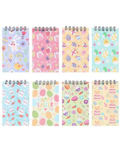 8pcs Easter Themed Spiral Notebooks, Featuring Rabbit, Eggs, Chick Patterns, Cartoon Spiral Binding, Easter Party Supplies, Easter Party Favors, Easter Decorations, Tear-Off Notepads, Memo Pads, Portable Pocket Mini Notebooks, Diaries, Stationery Notebooks, Student Prizes, Suitable For Home, Office, School, Easter Gifts, Back To School Essentials