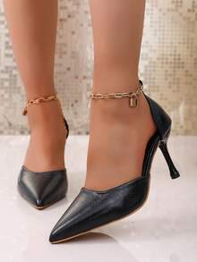 8cm Pointed Toe Stiletto Heels, Fashion Elegant Charm Ankle Chain Slip On Pumps, Comfortable For Daily, Work, Party, Wedding - Black - View 5