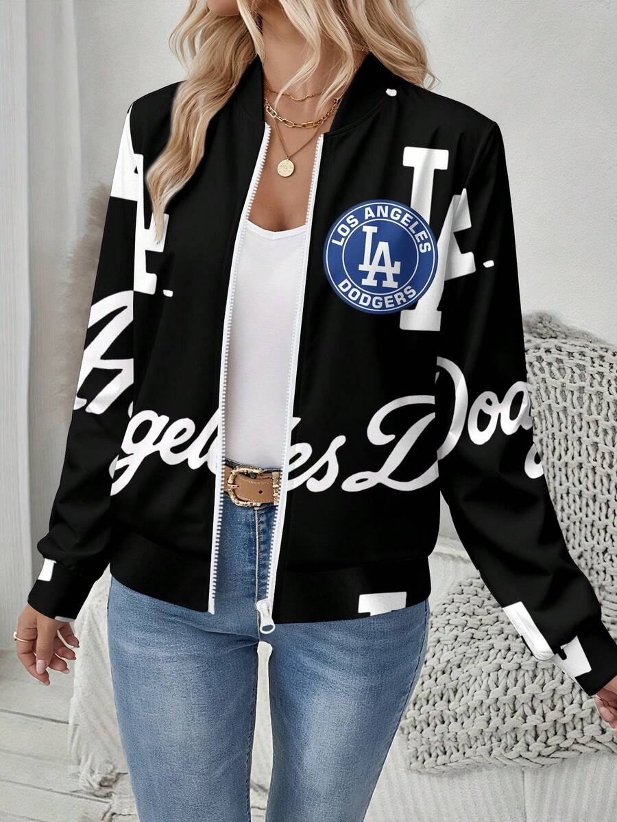 This Los Angeles Dodgers Women's Athletic Jacket Is Perfect For Baseball, Featuring A Los Angeles Dodgers Print Casual Jacket Design, Suitable For Outdoor Activities._2_bg2_t1 - 彩色 - 查看 1